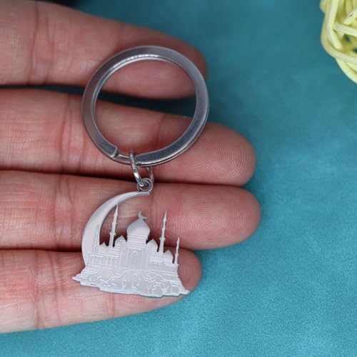 Mosque with Crescent Pendant Keychain for Women Men Muslim Jewelry Fashion Keyring Stainless Steel Islamic Key Chain Gift - color: Silver
