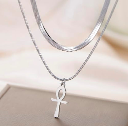 Ankh Cross Y Necklace Key of Life Eye of Horus Pendant Cartouche Long Chain Protection African Coptic Amulet Ancient Egyptian Religious Jewelry Gift for Women Men - color: layerd Ankh Cross