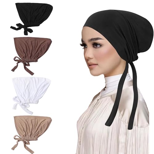 4 PCS Women's Hijab Undercaps, Turban Beanie Caps with Tie Back Closure