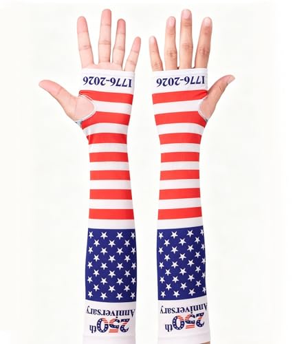 Aueyan Arm Sleeves for Men Women,Cooling Sleeves with Thumb Holes,Funny Sun Protection Arms Cover with Print Pattern - color: 250th Anniversary Flag