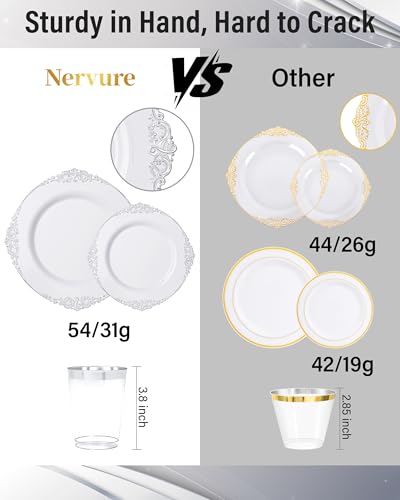 Nervure 175PCS Silver Plastic Plates - White and Silver Disposable Plates for 25 Guests Include 50Plates, 25Cups, 25Forks, 25Knives, 25Spoons, 25Napkins for Wedding & Party - color: White Silver, style: 175Pcs(25Guests)