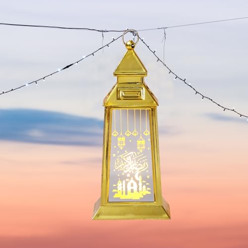 ALIBBON 2 Pcs Ramadan Lantern Small Gold Candle Lantern Decorative Hanging Lanterns Eid Mubarak Lanterns Moon Castle Ramadan Decorations for Home Indoor Outdoor Table Decor