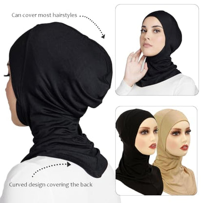 Women Slouchy Beanies Cap Soft Hijab Cap Under Scarf for Women Muslim Jersey Hijab Undercaps(1PC/2PC) - color: Black+khaki