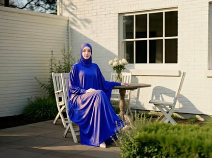 Women's Solid Muslim One-Piece Prayer Dress Abaya Kaftan with Hijab Full Length Dress - color: Fancy Blue
