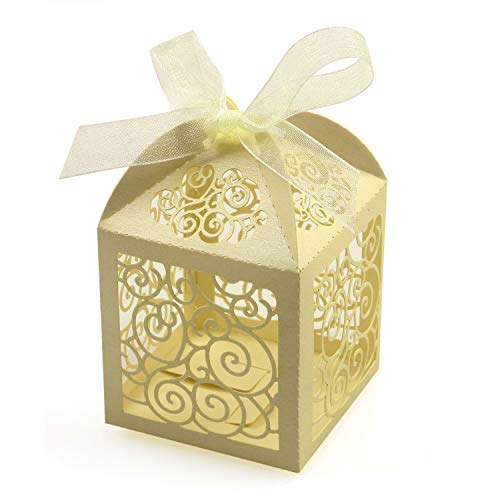 KPOSIYA 100 Pack Wedding Favor Boxes Laser Cut Boxes Party Favor Box Small Gift Boxes Lace Candy Boxes for Wedding Bridal Shower Baby Shower Birthday Party Anniverary with Ribbons (Beige, 100) - color: Beige 100