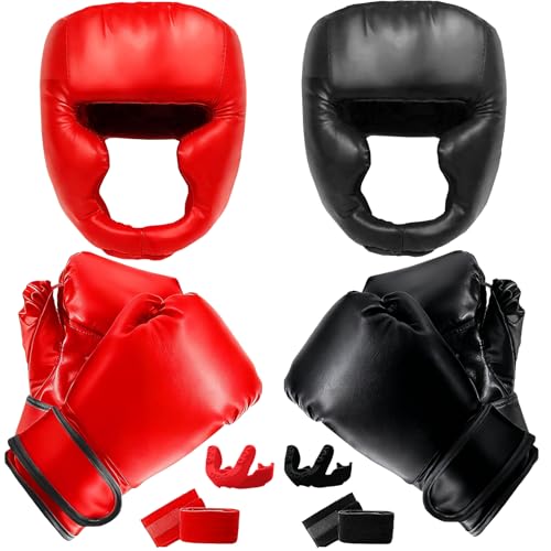14 Pcs Boxing Set Boxing Equipment Set for Beginners Including 2 Pair of 6 oz Boxing Gloves Headgear Helmet Hand Wraps Mouth Guards Gifts Training Equipment - color: Black & Red