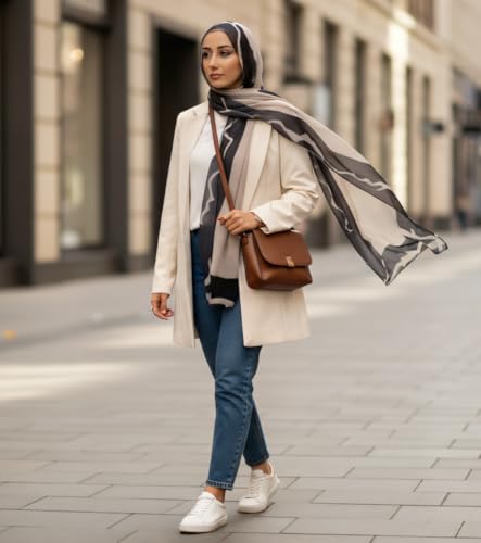 Hijab Modest and Elegant | Beautifully Designed Printed Chiffon Patterns | Muslim Women Head Scarf and Veil - color: Black B