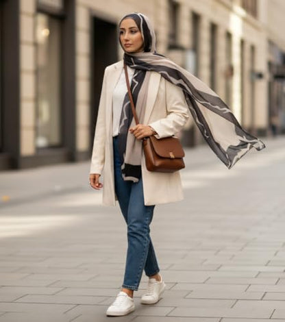 Hijab Modest and Elegant | Beautifully Designed Printed Chiffon Patterns | Muslim Women Head Scarf and Veil - color: Black B
