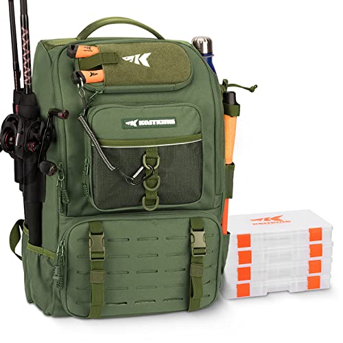 KastKing KarryAll Fishing Backpack with Rod Holder 4 Tackle Boxes, 40/26L | Tackle Bag Storage Fishing Gear and Equipment, Water‑Resistant Material, Fishing Gift for Men - color: C: Large (40 L) - Green