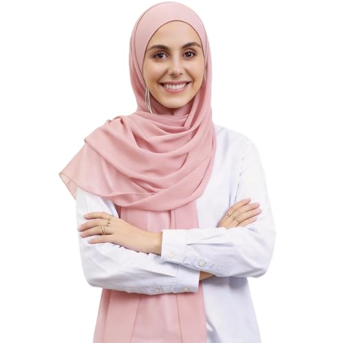 Instant Hijab Set 3-in-1 Chiffon Hijab Scarf for Women with Built-in Magnets and Undercap Head Wraps - color: New Pink