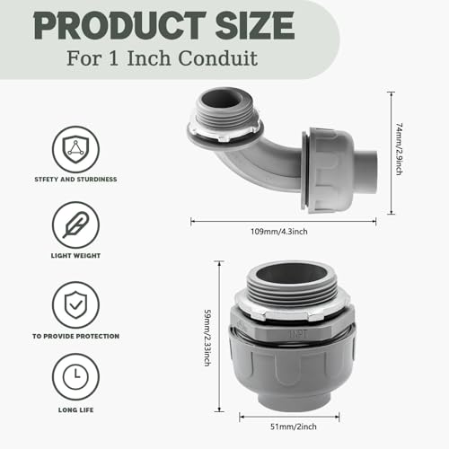 4 Pack 1 Inch Liquid Tight Connectors - PVC Electrical Conduit Fittings, Straight, 90 and 180 Degree Non-Metallic Flexible Connectors for Home, Bathroom, and Kitchen, Gray - size: 1 Inch 4-Pack (90D+180D)