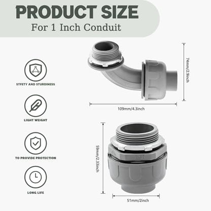 4 Pack 1 Inch Liquid Tight Connectors - PVC Electrical Conduit Fittings, Straight, 90 and 180 Degree Non-Metallic Flexible Connectors for Home, Bathroom, and Kitchen, Gray - size: 1 Inch 4-Pack (90D+180D)