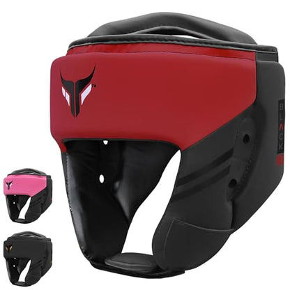 Mytra Fusion Boxing Headgear - Sparring Gear with Adjustable Strap MMA, Muay Thai, Kickboxing, Martial Arts, Karate, Head Gear - color: Black/Red, size: X-Large