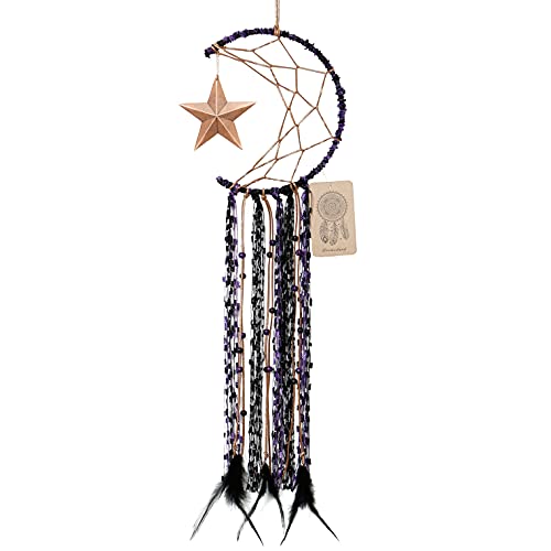 Dremisland Moon Dream Catcher Handmade Half Circle Moon Design Dream Catcher Feather Hanging with Star Home Decoration Ornament Festival Gift (Purple) - color: Purple
