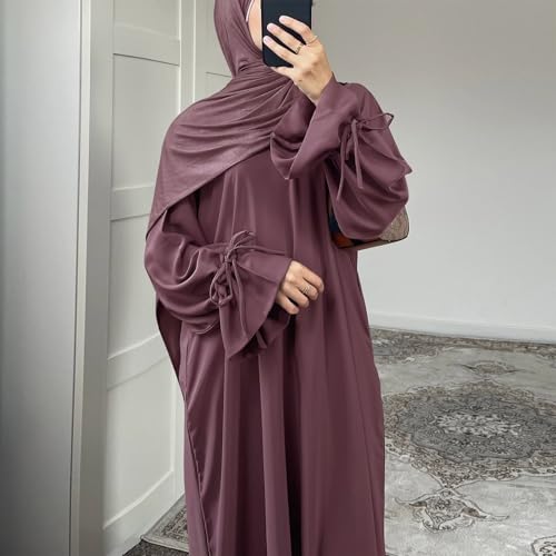 ABEWIP Muslim Dresses for Women Long Sleeve Tie Cuffs Islamic Prayer Dress Abaya Kaftan Dubai Casual Dress - color: Purple, size: Medium