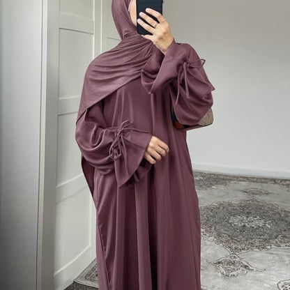 ABEWIP Muslim Dresses for Women Long Sleeve Tie Cuffs Islamic Prayer Dress Abaya Kaftan Dubai Casual Dress - color: Purple, size: Large