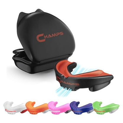 Champs MMA Breathable Mouth Guard for Boxing, MMA, Jiu Jitsu, Muay Thai, Wrestling & Combat Sports – Easy Fit, Boil & Bite Design Mouthpiece – Durable Boxing Mouthguard for Men & Adults, Case Included - color: Black