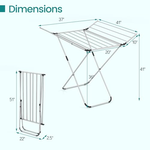 GOFLAME Clothes Drying Rack, Laundry Drying Rack with 2 Foldable Wings, 14 Drying Rods, Free-Standing Collapsible Laundry Airer for Clothes, Towels, Bed Linens, Indoor Outdoor Use, No Assembly Needed - size: 41” x 37” x 41”