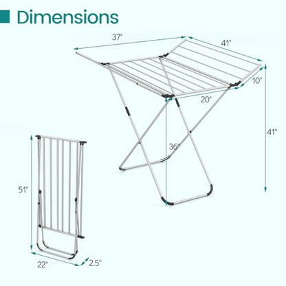 GOFLAME Clothes Drying Rack, Laundry Drying Rack with 2 Foldable Wings, 14 Drying Rods, Free-Standing Collapsible Laundry Airer for Clothes, Towels, Bed Linens, Indoor Outdoor Use, No Assembly Needed - size: 41” x 37” x 41”