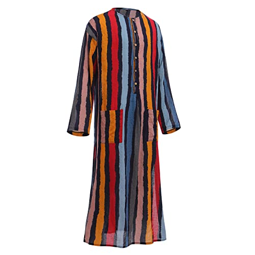 OLEMEK Mens Muslim Thobe Long Sleeve Stripe Long Gown Middle East Islam Arabic Thobe Shirt Dresses - color: Red, size: Large