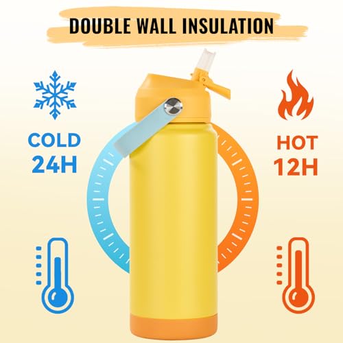 Fijinhom 24oz Insulated Stainless Steel Water Bottle, Wide Mouth Double Wall Vacuum, Silicone Straw, Sweat & Leak Proof, BPA Free Insulated Water Flask for Travel, Keep Cold 24h Hot 12h, Lemon - color: Lemon, size: 24 Ounces
