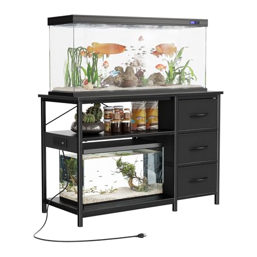 Garvee 55-75 Gallon Aquarium Stand, Heavy Duty Fish Tank Stand with Drawers & Shelves, LED Light, 1000lbs Capacity, Fish & Reptile Tanks Stand with Power Outlet & USB