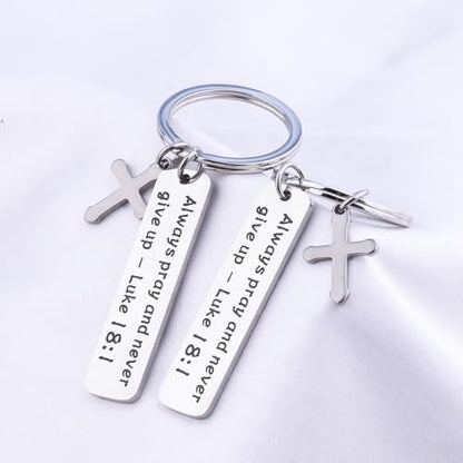LQRI Bible Verse Gifts Always Pray and Never Give Up Luke 18:1 Scripture Keychain Set Religious Christian Gift for Men Women