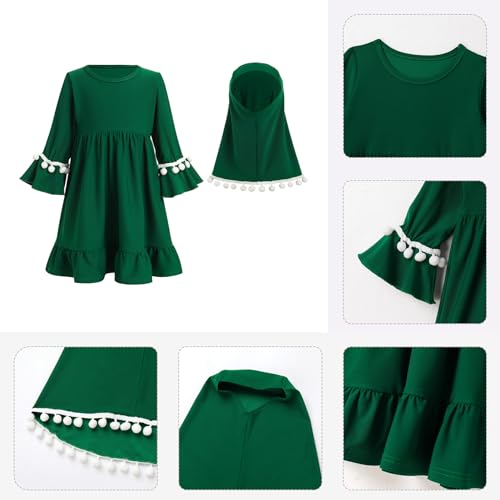 ODIZLI Toddler Baby Girls Hijab Dresses 2pcs Muslim Abaya Dresses for Girls Middle East Modest Outfits - color: Dark Green Pom-poms, size: 0-6 Months