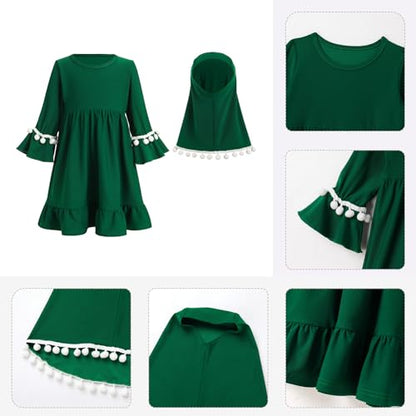 ODIZLI Toddler Baby Girls Hijab Dresses 2pcs Muslim Abaya Dresses for Girls Middle East Modest Outfits - color: Dark Green Pom-poms, size: 6-12 Months