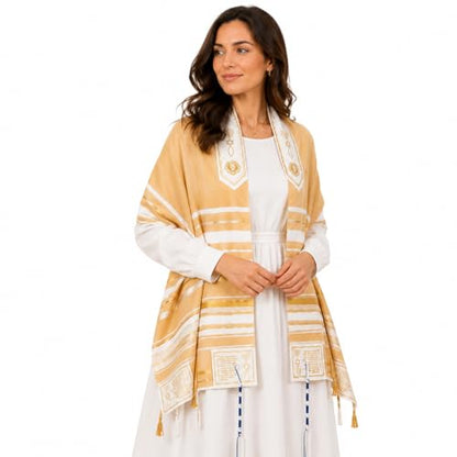 The Holy Promise Messianic Prayer Shawl-72 x22 Christian Tallit with Biblical Verses-Includes Carrying Bag - color: Gold/Beige