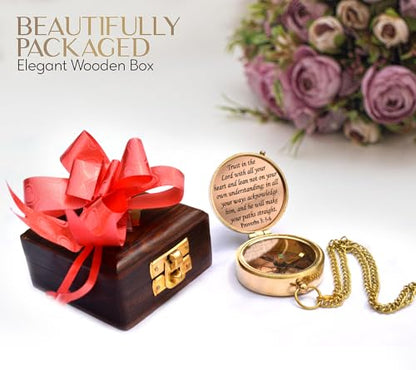 Trust in The Lord With All Your Heart - Proverbs 3:5-6 Quote Engraved Compass With Wooden Box, Greeting Card, Gift Compass, Graduation Day Gifts 2024 for Women Men Boys Girls - style: #2 Trust in The Lord Compass -Proverbs 3: 5-6