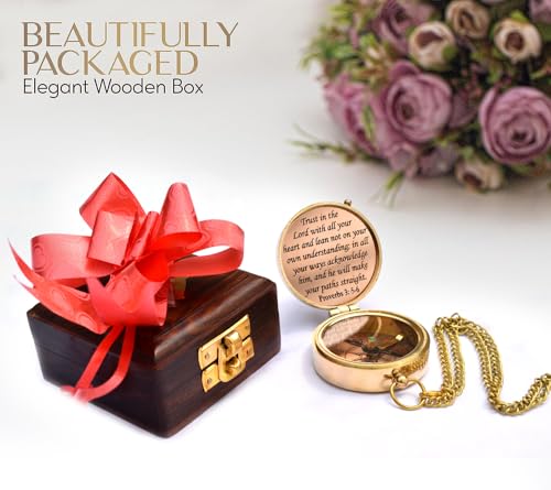 Trust in The Lord With All Your Heart - Proverbs 3:5-6 Quote Engraved Compass With Wooden Box, Greeting Card, Gift Compass, Graduation Day Gifts 2024 for Women Men Boys Girls - style: #2 Trust in The Lord Compass -Proverbs 3: 5-6