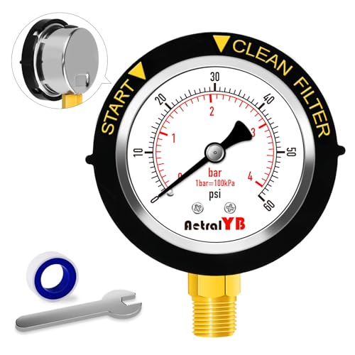 Pool Filter Pressure Gauge - 304 Stainless Steel Case, IP67 Waterproof, 0-60 PSI, for Swimming Pool Pump, Spa & Aquarium Filter System, Clean Filter Indicator, 2" Dial, 1/4" NPT Bottom Mount - size: Lower Mount