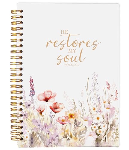 Christian Notebook for Women, Prayer Journal for Women, Bible Journaling Notebook, PSALM 23:3 He Restores My Soul Floral Spiral Notebook 5.5x8.3 - color: 4-Christian-notebook