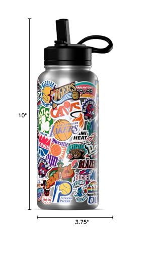 Hydrapeak NBA Officially Licensed Hardwood Classics Retro All-Team Sticker Print Logo 32oz Insulated Water Bottle with Straw Lid and Handle, Stainless Steel Tumbler for Old School NBA Fans - color: NBA Hardwood Classics, size: 32 Ounces