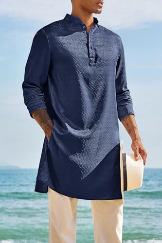 Runcati Mens Kaftan Thobe Textured Henley Shirt Long Sleeve Robe Casual Muslim Gown Shirt - color: Navy, size: Medium