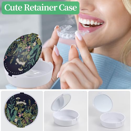 Retainer Case, Denture & Orthodontic Aligner Case With Mirror & Ventilation, Black Flower - color: Black Flower