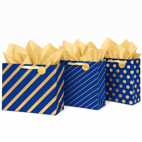 MilkToast Brands Large Gift Bags Set of 3 – Colored & Gold Designs (Polka Dot & Stripes) with Tissue Paper & Blank Gift Tags – Premium Gift Wrapping Bags for Birthdays, Holidays & More (Blue) - color: Large Blue & Gold