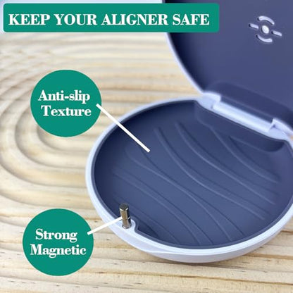 2 Pack Retainer Case with Vent Hole, Compatible with Invisalign | Portable Slim Travel Aligner Case,Secure Magnetic Closure-Food Grade Silicone Pad(White Gray) - color: White Gray