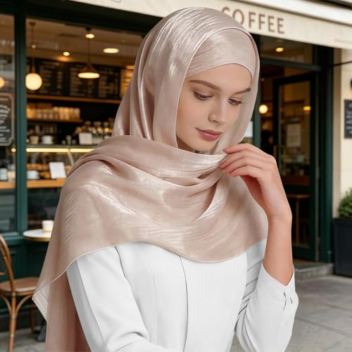 Premium Hijab Head Scarf for Women Lightweight Shimmer Hijab Head Wrap Scarves Crepe Satin Scarf Shawl Wrap - color: Nude