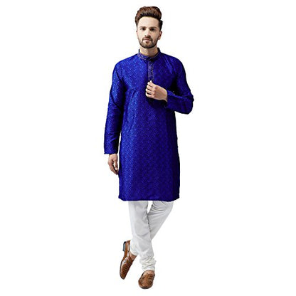Sojanya (Since 1958 Men'S Teal Silk Blend Kurta Churidar Pyjama Set - color: Royal Blue and Off White, size: XX-Large
