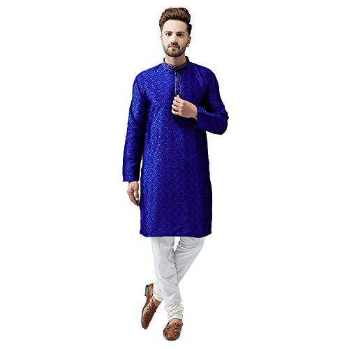 Sojanya (Since 1958 Men'S Teal Silk Blend Kurta Churidar Pyjama Set - color: Royal Blue and Off White, size: Medium