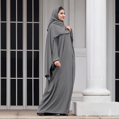 IDOPIP Abayas for Women Muslim Dress with Hijab, One-Piece Long Sleeve Islamic Prayer Dress with Khimar Jilbab Kaftan Clothes - color: Gray + Hijab