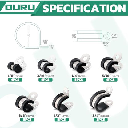 OURU 30PCS Cable Clamps Assortment Kit,Rubber Coated, 1/8"-3/4" 7 Sizes | 304 Stainless Steel, Anti-Vibration, Rust Resistant, Secure Hold, Automotive Wire, Pipe & Tube Mounting, Cable Management - size: 30pcs - 1/8", 3/16", 1/4", 5/16", 3/8", 1/2", 3/4"