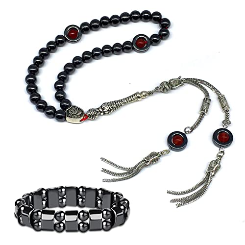 Design - Long & Stylist Tassels Worry Beads-Prayer Beads-Tesbih-Tasbih-Tasbeeh-Misbaha-Subha-Sebha-Sibha-Rosary (Hematite & Red Agate -8 mm-33 Beads & Bracelet) - color: Hematite & Red Agate -8 mm-33 Beads & Bracelet
