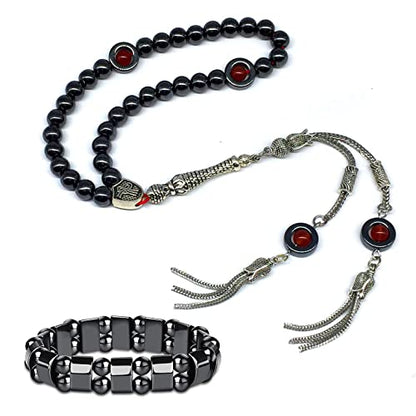 Design - Long & Stylist Tassels Worry Beads-Prayer Beads-Tesbih-Tasbih-Tasbeeh-Misbaha-Subha-Sebha-Sibha-Rosary (Hematite & Red Agate -8 mm-33 Beads & Bracelet) - color: Hematite & Red Agate -8 mm-33 Beads & Bracelet