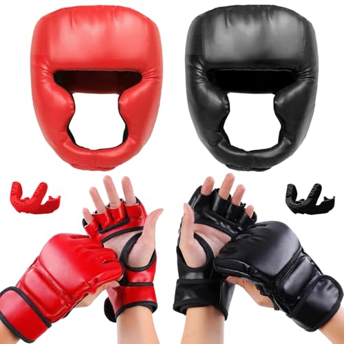 14 Pcs Boxing Set Boxing Equipment Set for Beginners Including 2 Pair of 6 oz Boxing Gloves Headgear Helmet Hand Wraps Mouth Guards Gifts Training Equipment - color: Red & Black-MMA