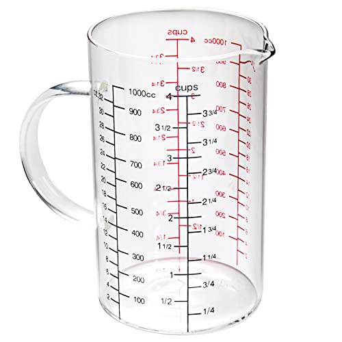 Glass Measuring Cup with Handle, [Double-Sided Measuring Scale, V-Shaped Spout, Insulated handle], High Borosilicate Glass Measuring Cup with Three Scales (OZ, Cup, ML) for Liquid (4 Cup) - size: 4 Cup (1000 ml)
