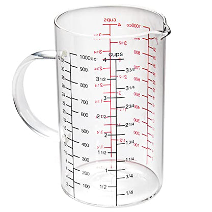 Glass Measuring Cup with Handle, [Double-Sided Measuring Scale, V-Shaped Spout, Insulated handle], High Borosilicate Glass Measuring Cup with Three Scales (OZ, Cup, ML) for Liquid (4 Cup) - size: 4 Cup (1000 ml)