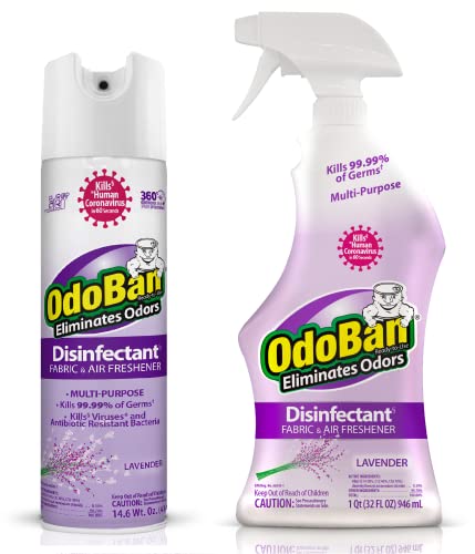 OdoBan Ready-to-Use Disinfectant and Harsh Aroma Eliminator, Cleaner and Fabric/Air Freshener, Set of 2, 14.6 Ounce 360-Degree Continuous Spray and 32 Ounce Trigger Spray, Lavender Scent - size: 23.3 Fl Oz (Pack of 2)